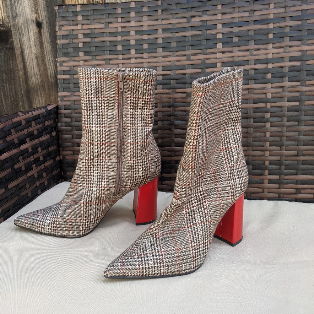 Plaid Red Block Heel Ankle Boots